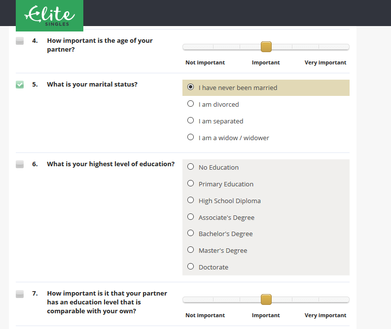 Elite Singles questionnaire sample