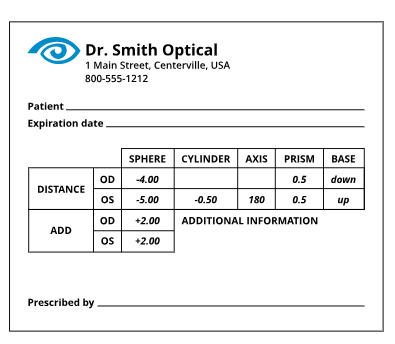 Sample of generic eyeglass prescription