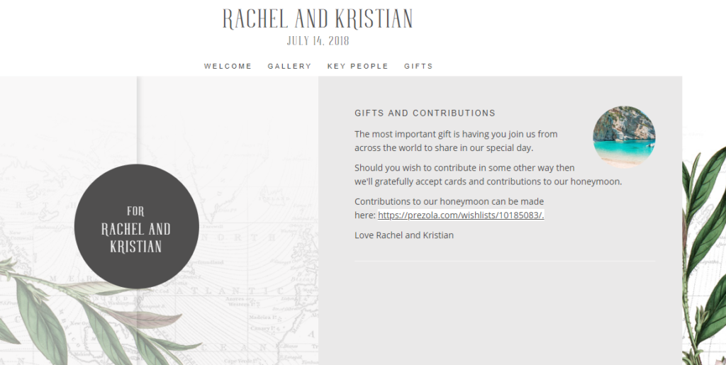 Gifts page from Rachel and Kristian's wedding website