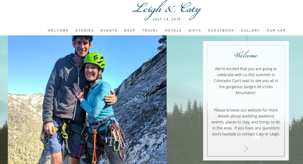 Welcome page from Leigh and Caty's wedding website